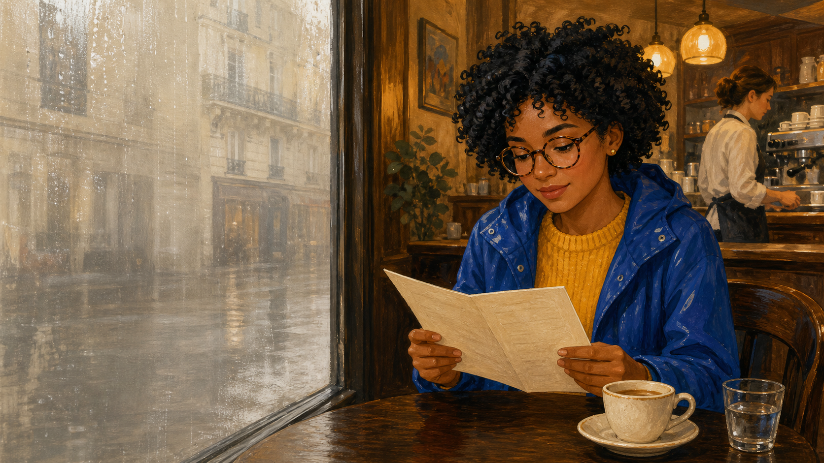 Maya reading a menu beside a rainy window in a warm Paris café