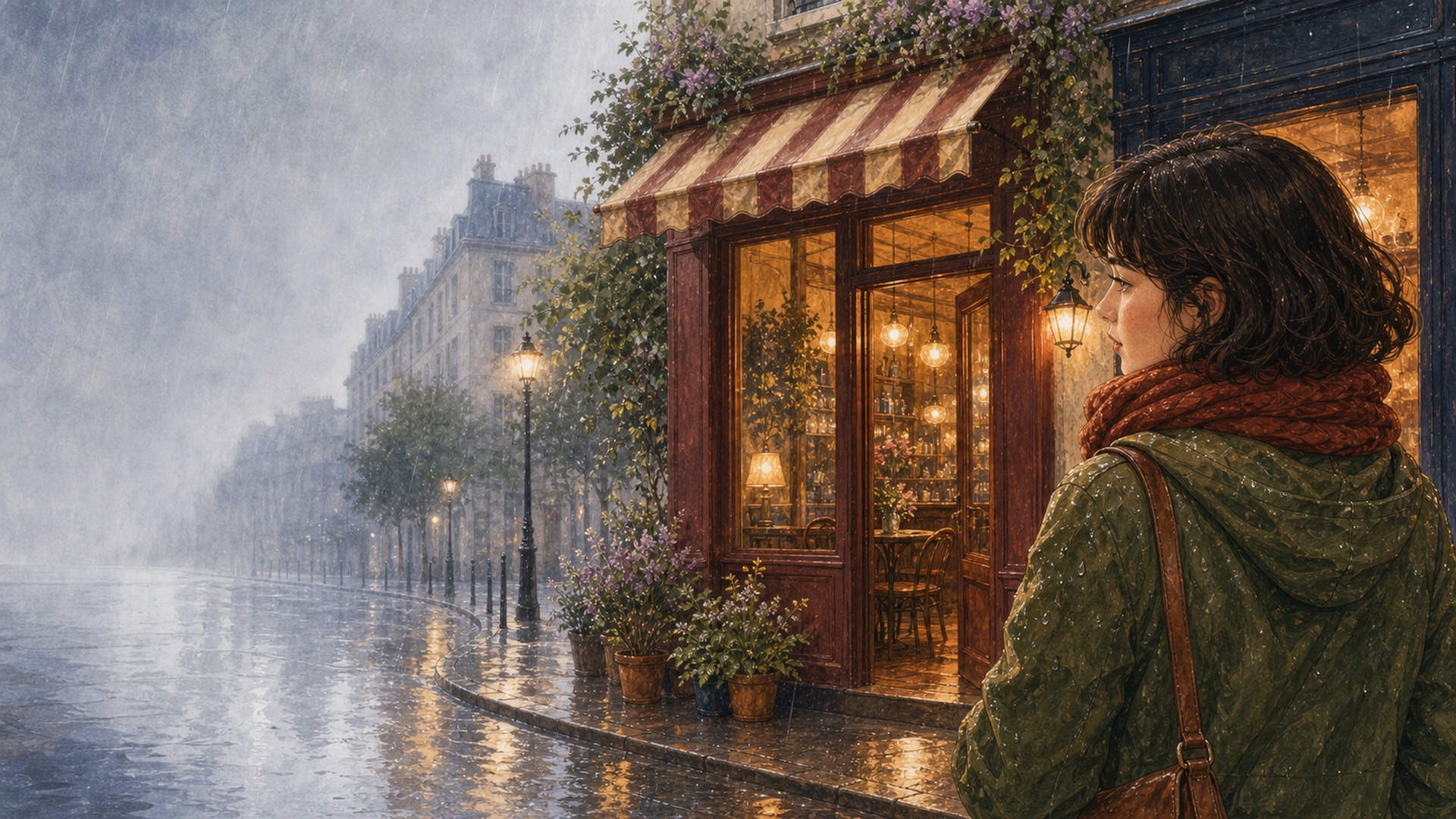 Émilie standing in the rain outside a warmly lit Paris café