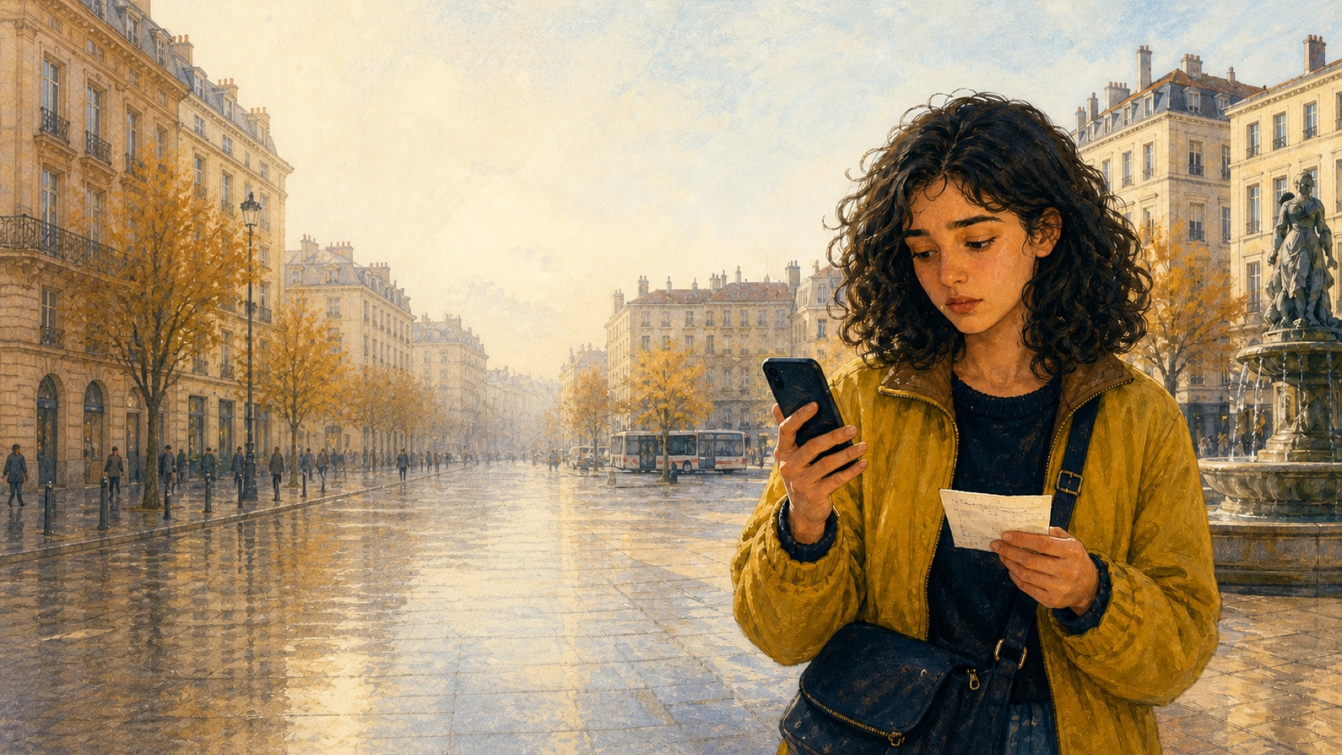 Léa holding her phone and a paper address in a broad Lyon square on an autumn morning