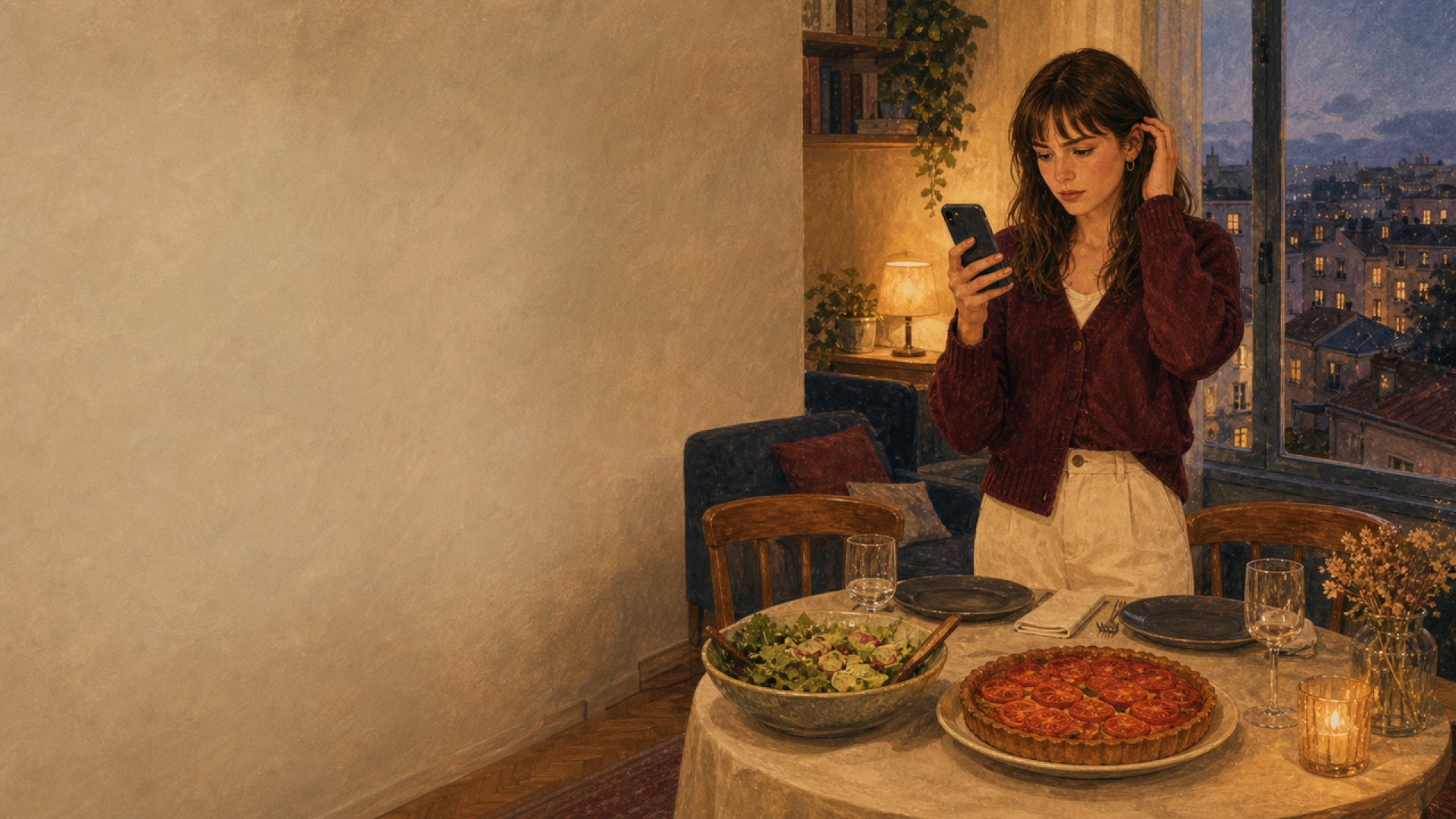Camille checking her phone beside a table set for two with a tomato tart and salad